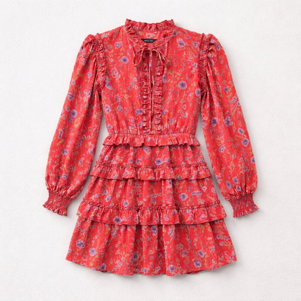 Just Me Dress Womens Size S Coral Orange Purple Floral Ruffle Tiered Mini - Picture 3 of 10
